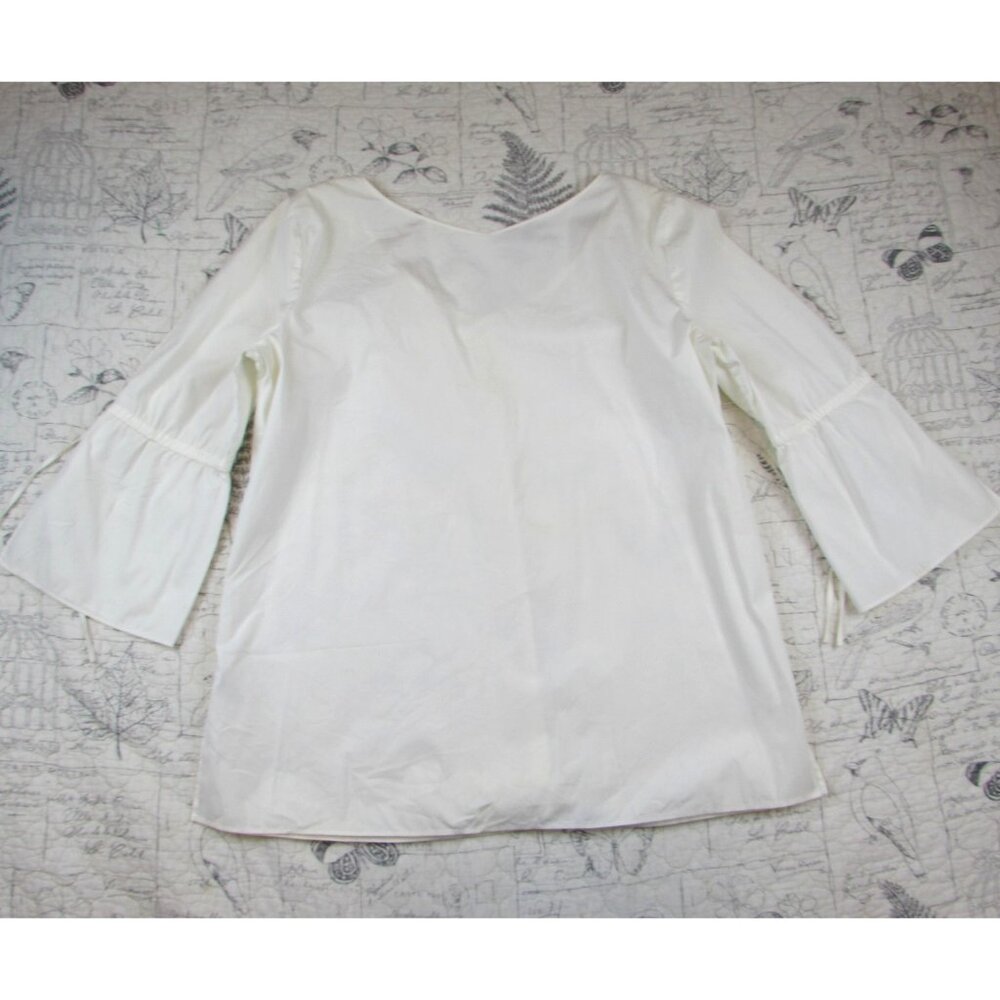 Lafayette 148 Womens stretch cotton White V Neck Tunic Top Bell Slv Tie L - Picture 5 of 5